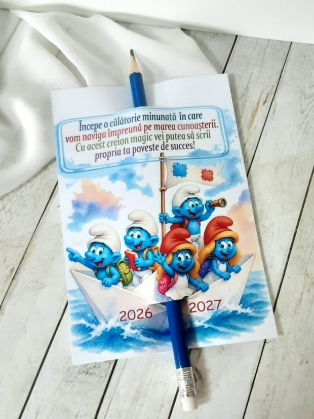 Card personalizat cu creion, cadou pentru prima si de zi de scoala - tema strumfi