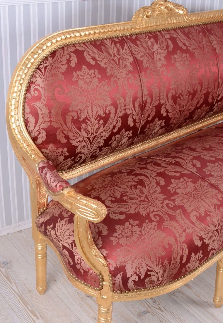 Sofa Madame Pompadour din lemn masiv auriu cu tapiterie rosie