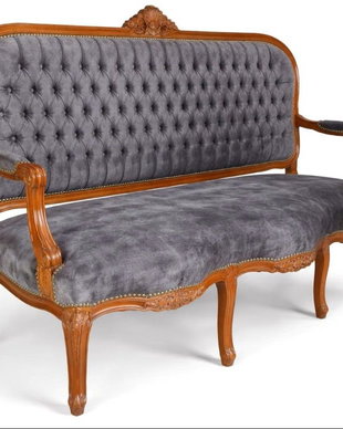 Sofa baroc din lemn mahon cu tapiterie din catifea gri inchis