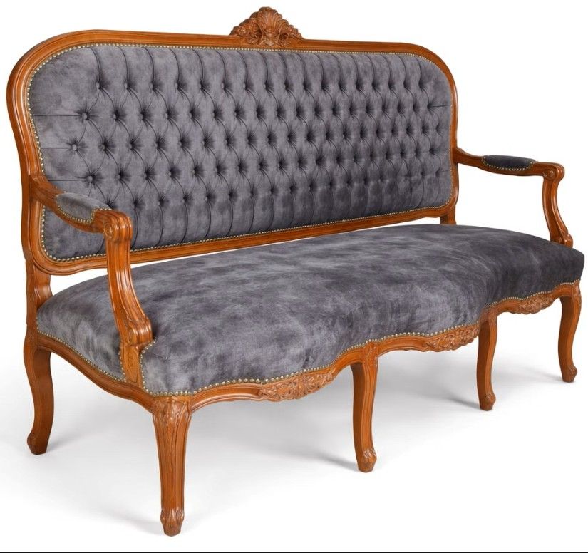 Sofa baroc din lemn mahon cu tapiterie din catifea gri inchis