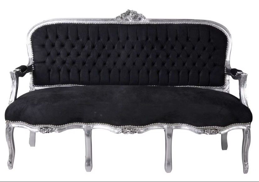 Sofa trei locuri din lemn masiv argintiu cu tapiterie neagra