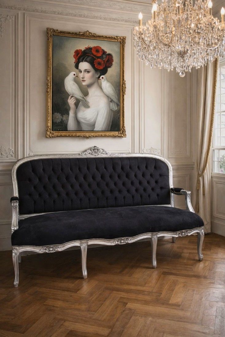 Sofa trei locuri din lemn masiv argintiu cu tapiterie neagra