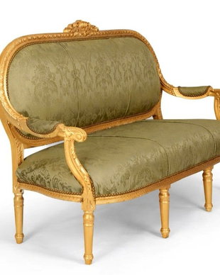 Sofa Madamme Pompadour din lemn masiv auriu cu tapiterie verde
