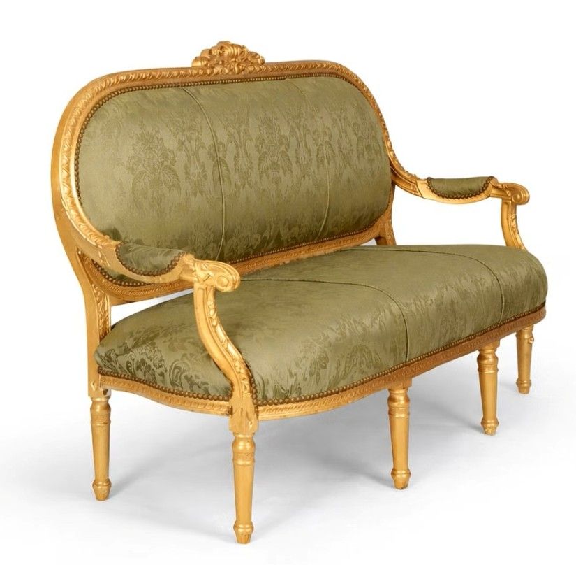 Sofa Madamme Pompadour din lemn masiv auriu cu tapiterie verde