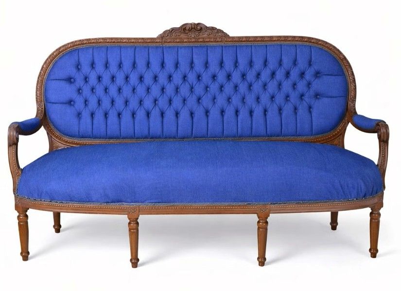 Sofa Madamme Pompandour din lemn masiv mahoncu tapiterie albastra