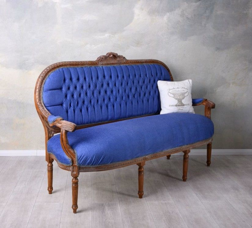 Sofa Madamme Pompandour din lemn masiv mahoncu tapiterie albastra