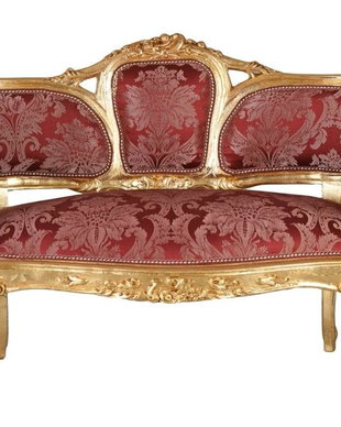 Sofa Maria Antoineta din lemn masiv auriu cu tapiterie bordeaux