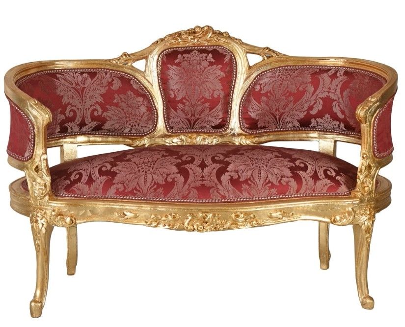 Sofa Maria Antoineta din lemn masiv auriu cu tapiterie bordeaux