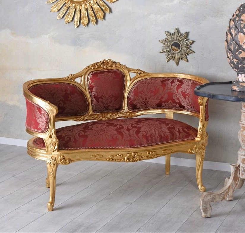 Sofa Maria Antoineta din lemn masiv auriu cu tapiterie bordeaux