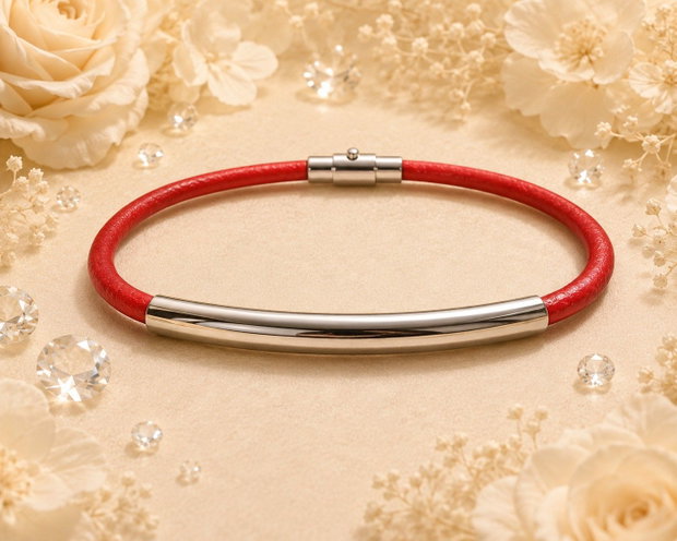 Bratara snur piele si link inox rosu