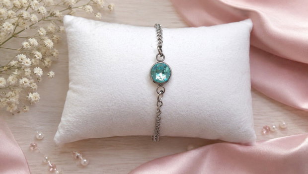 Bratara inox cu link inox cu rhinestone cyan