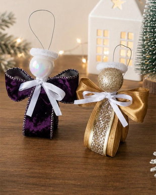 Set 3 Îngerași Decorativi Craciun Brad-cadou handmade - Mov Regal & Auriu Glitter - Decorațiuni 12cm