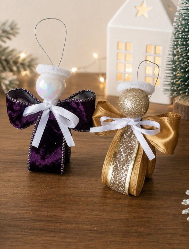 Set 3 Îngerași Decorativi Craciun Brad-cadou handmade - Mov Regal & Auriu Glitter - Decorațiuni 12cm