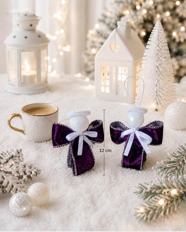 Set 3 Îngerași Decorativi Craciun Brad-cadou handmade - Mov Regal & Auriu Glitter - Decorațiuni 12cm