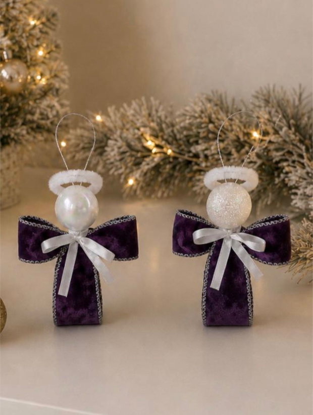 Set 3 Îngerași Decorativi Craciun Brad-cadou handmade - Mov Regal & Auriu Glitter - Decorațiuni 12cm