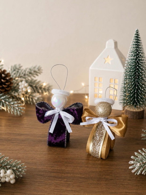 Set 3 Îngerași Decorativi Craciun Brad-cadou handmade - Mov Regal & Auriu Glitter - Decorațiuni 12cm