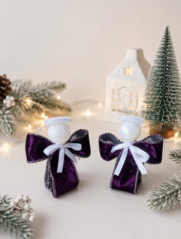 Set 3 Îngerași Decorativi Craciun Brad-cadou handmade - Mov Regal & Auriu Glitter - Decorațiuni 12cm