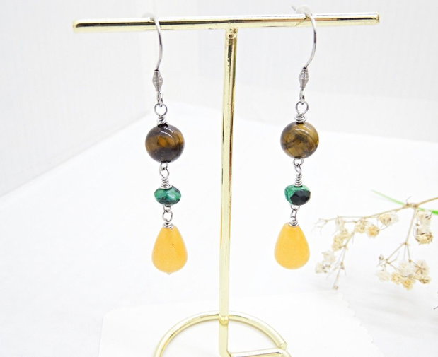 Cercei Lungi Handmade cu Ochi de Tigru, Agat Verde și Picături de Jad Galben - Accesorii Inox (cod1460)