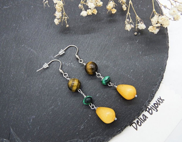 Cercei Lungi Handmade cu Ochi de Tigru, Agat Verde și Picături de Jad Galben - Accesorii Inox (cod1460)