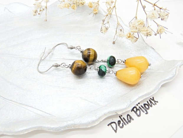 Cercei Lungi Handmade cu Ochi de Tigru, Agat Verde și Picături de Jad Galben - Accesorii Inox (cod1460)