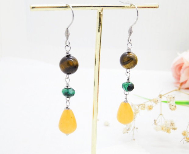 Cercei Lungi Handmade cu Ochi de Tigru, Agat Verde și Picături de Jad Galben - Accesorii Inox (cod1460)