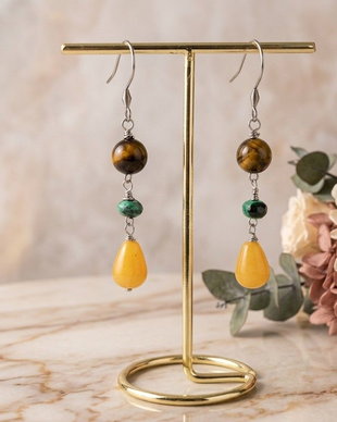Cercei Lungi Handmade cu Ochi de Tigru, Agat Verde și Picături de Jad Galben - Accesorii Inox (cod1460)