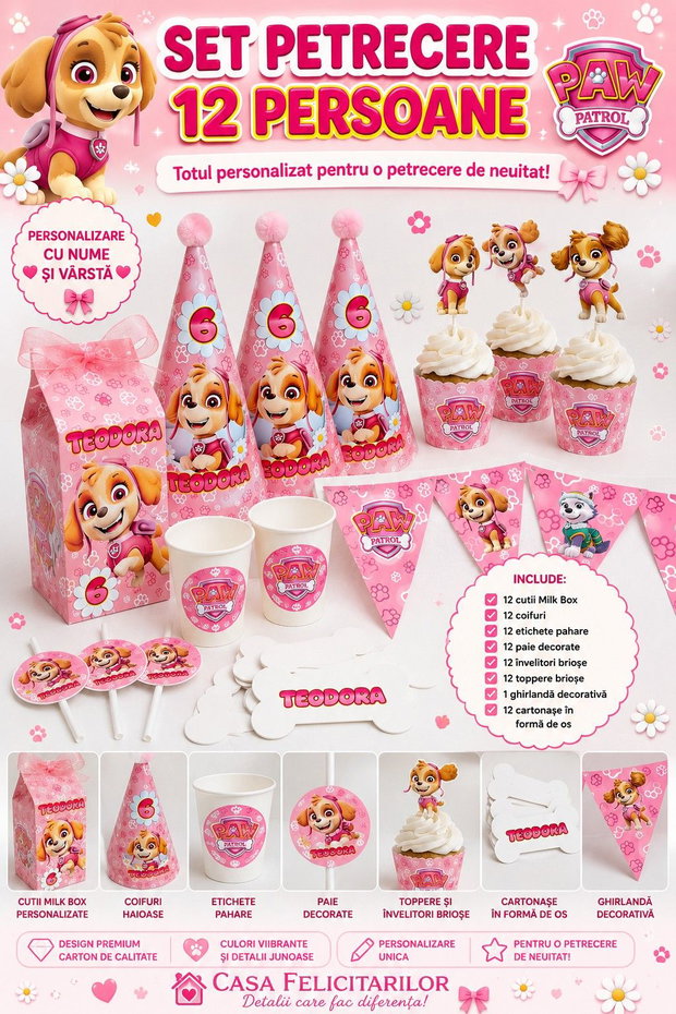 Set petrecere Paw Patrol Skye 12 persoane| Personalizat cu nume și vârstă