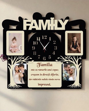 Ceas de perete,4 poze,Family,negru/natur