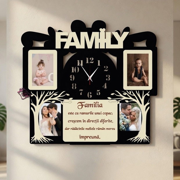 Ceas de perete,4 poze,Family,negru/natur