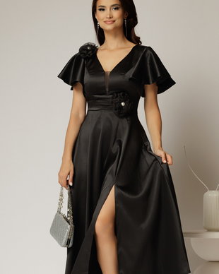 Rochie midi neagra de ocazie din tafta cu maneci evazate si decolteu adanc