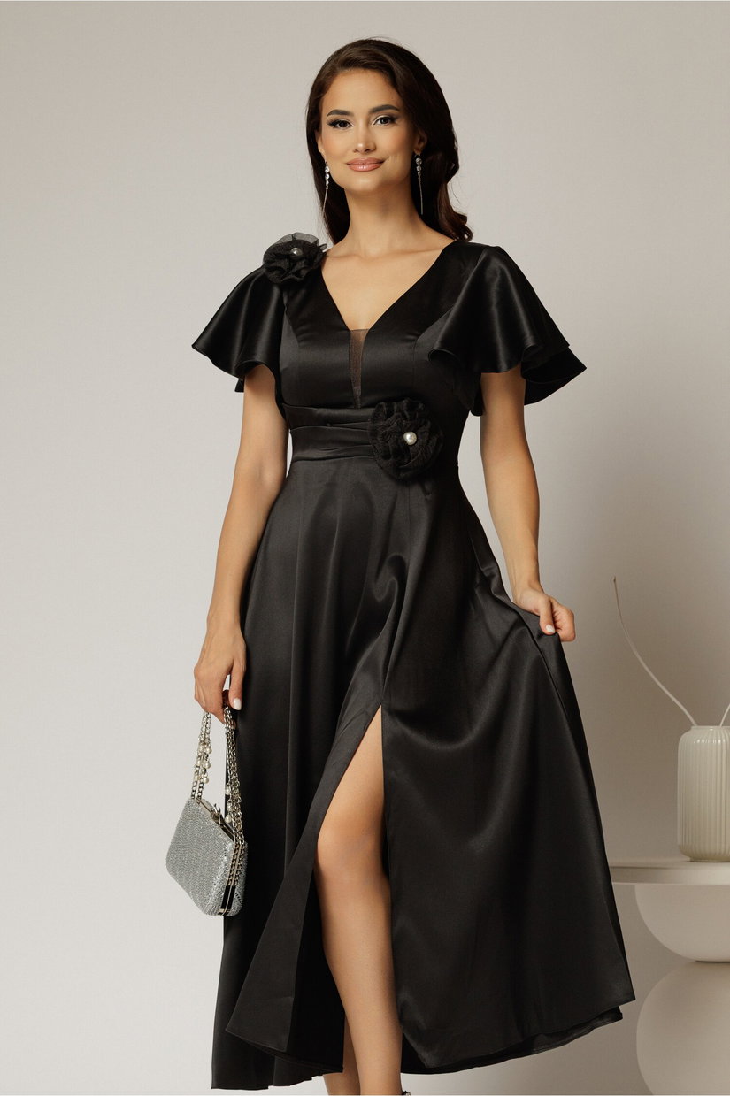 Rochie midi neagra de ocazie din tafta cu maneci evazate si decolteu adanc