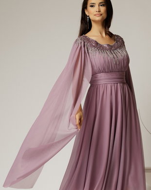 Rochie midi lila de ocazie din tul cu aplicatii la decolteu si maneci lungi