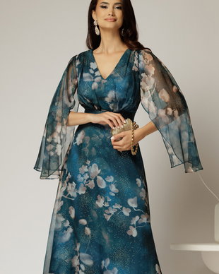 Rochie de ocazie albastru petrol cu imprimeu floral bej si insertii aurii