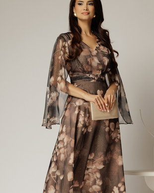 Rochie de ocazie gri inchis cu imprimeu floral bej si insertii aurii