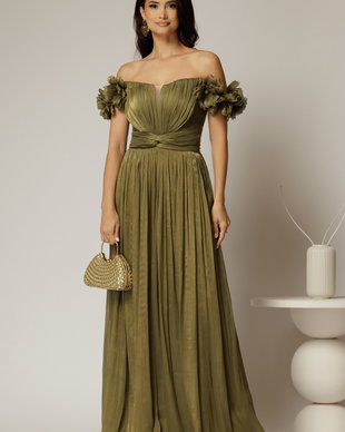 Rochie lunga de ocazie olive din voal peliculizat cu aplicatii florale 3D