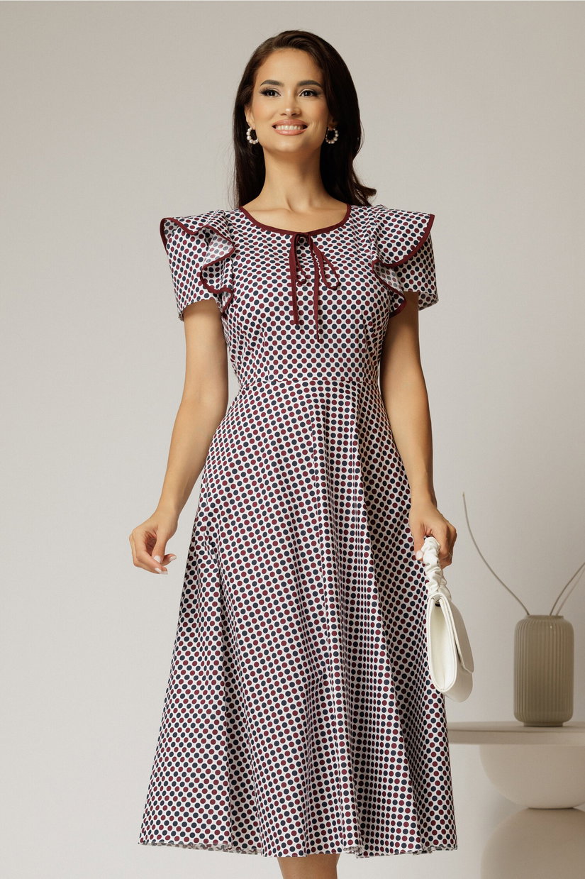 Rochie midi alba de zi cu buline negru bordo si volanase la maneci