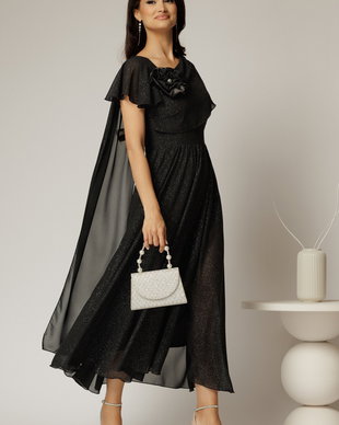Rochie midi neagra de ocazie din voal cu sclipici si detaiu amplu foral la bust