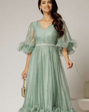 Rochie DY Fashion verde mint din voal creponat cu volanase si decolteu in V