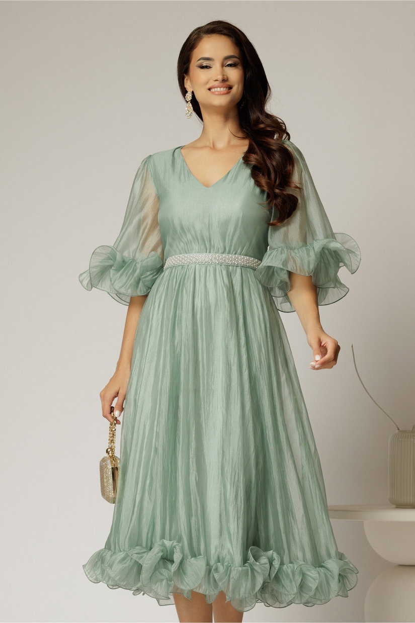 Rochie DY Fashion verde mint din voal creponat cu volanase si decolteu in V