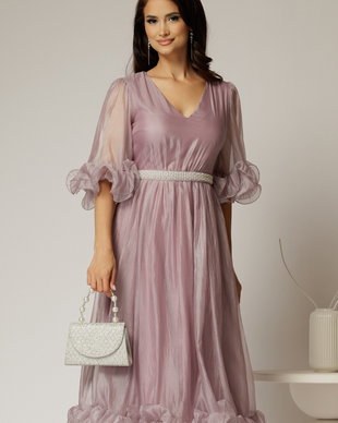 Rochie DY Fashion roz din voal creponat cu volanase si decolteu in V