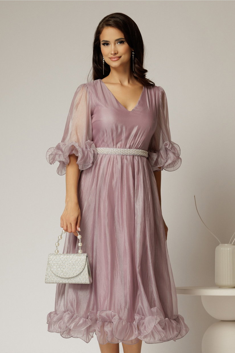 Rochie DY Fashion roz din voal creponat cu volanase si decolteu in V