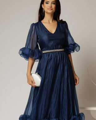 Rochie DY Fashion bleumarin din voal creponat cu volanase si decolteu in V