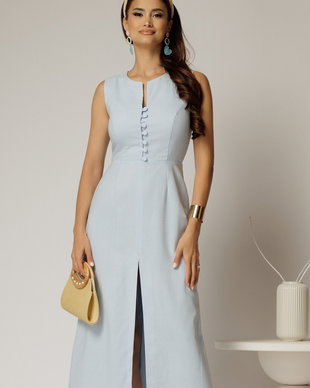 Rochie DY Fashion midi bleu din in cu nasturi pe bust fara maneci