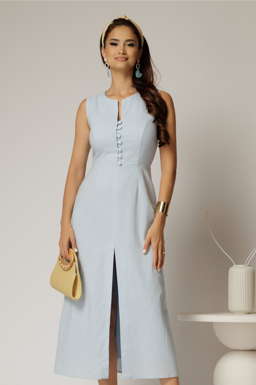 Rochie DY Fashion midi bleu din in cu nasturi pe bust fara maneci
