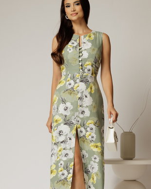 Rochie DY Fashion midi kaki cu imprimeuri din in cu nasturi pe bust fara maneci