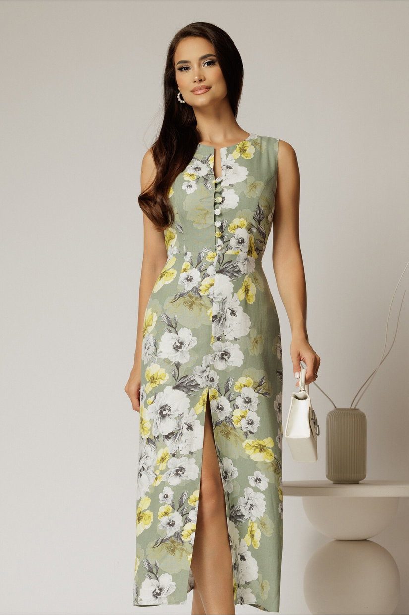 Rochie DY Fashion midi kaki cu imprimeuri din in cu nasturi pe bust fara maneci