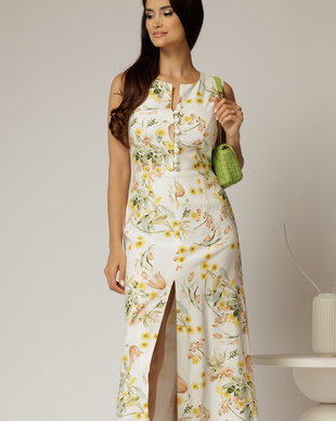Rochie DY Fashion midi alba cu imprimeuri din in cu nasturi pe bust fara maneci