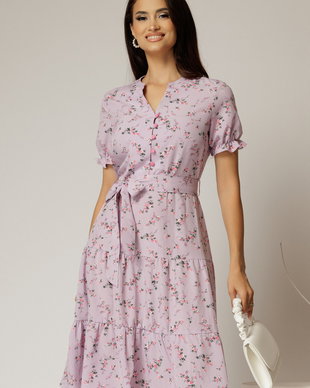 Rochie midi din viscoza lila cu imprimeuri de vara