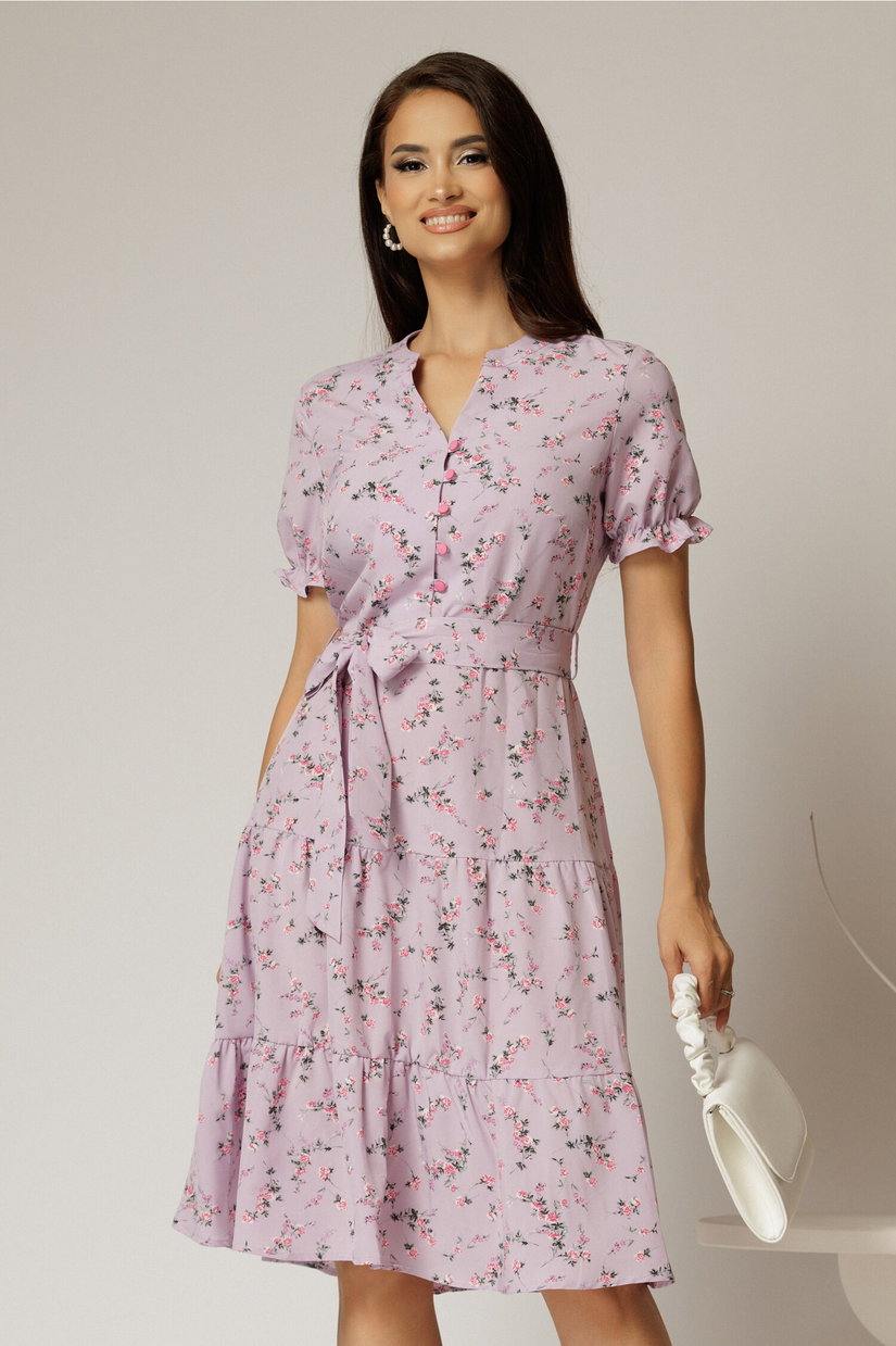 Rochie midi din viscoza lila cu imprimeuri de vara