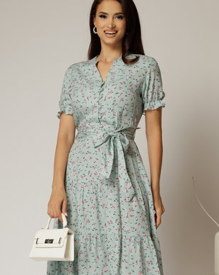 Rochie midi din viscoza verde mint cu imprimeuri de vara